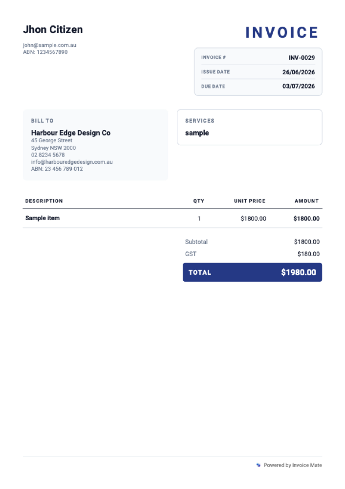 A professional invoice from Invoice Mate